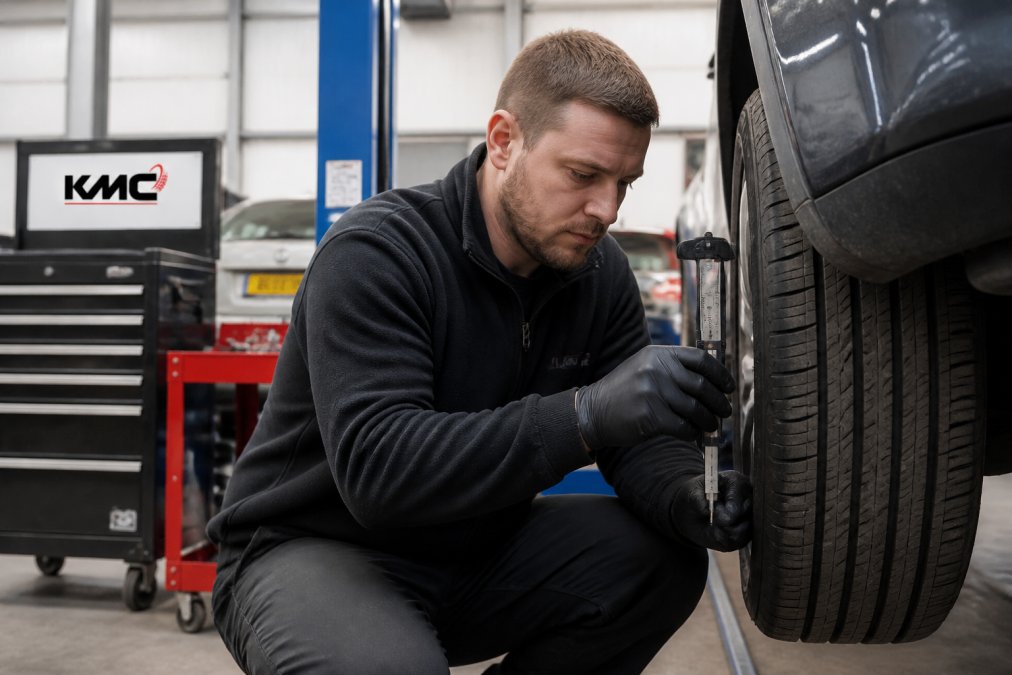 Mechanic using a tread depth gauge to check a car tyre during vehicle servicing in a professional workshop