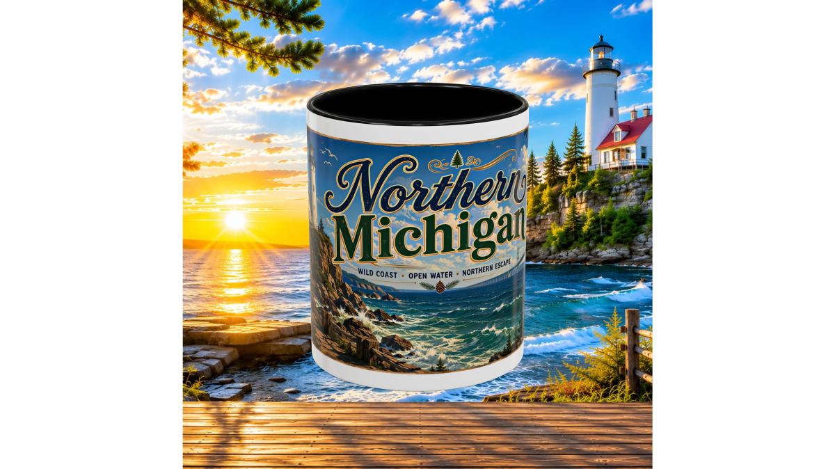 Northern Michigan Accent Coffee Mug — Scenic Lighthouse & Mackinac Bridge Travel Souvenir (11/15oz)