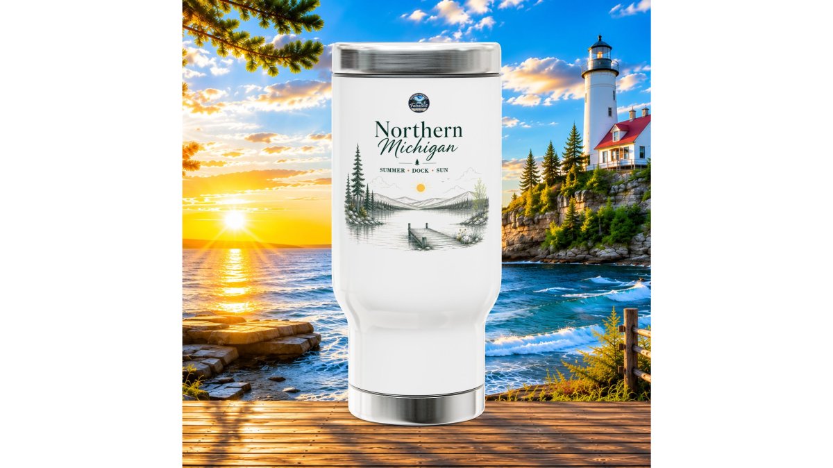 Northern Michigan Travel Mug — 14oz Stainless Steel Insulated Tumbler with Handle (Summer • Dock • Sun)