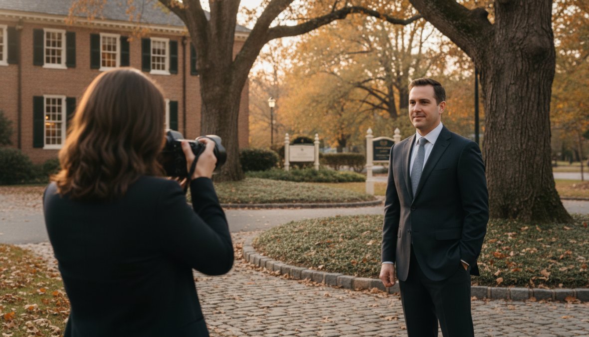 Professional business executive in a polished charcoal blazer seated against a clean neutral studio backdrop, confident posture and direct eye contact, soft studio lighting creating subtle shadow definition