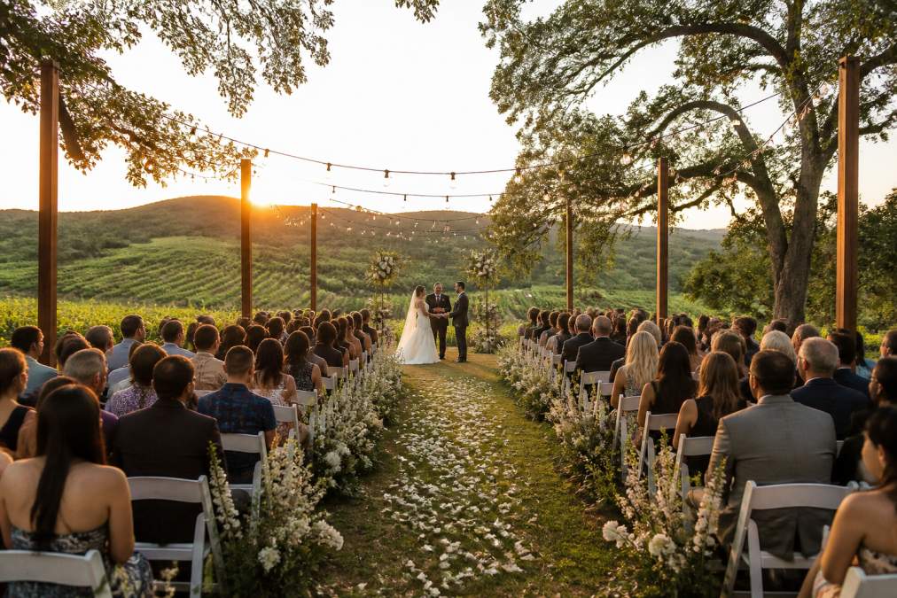 Elegant outdoor vineyard ceremony at sunset with string lights strung overhead between wooden posts, white chairs arranged on either side of a flower-lined aisle, guests seated as a couple exchanges vows, rolling vineyard hills and mature oak trees visible in soft golden light