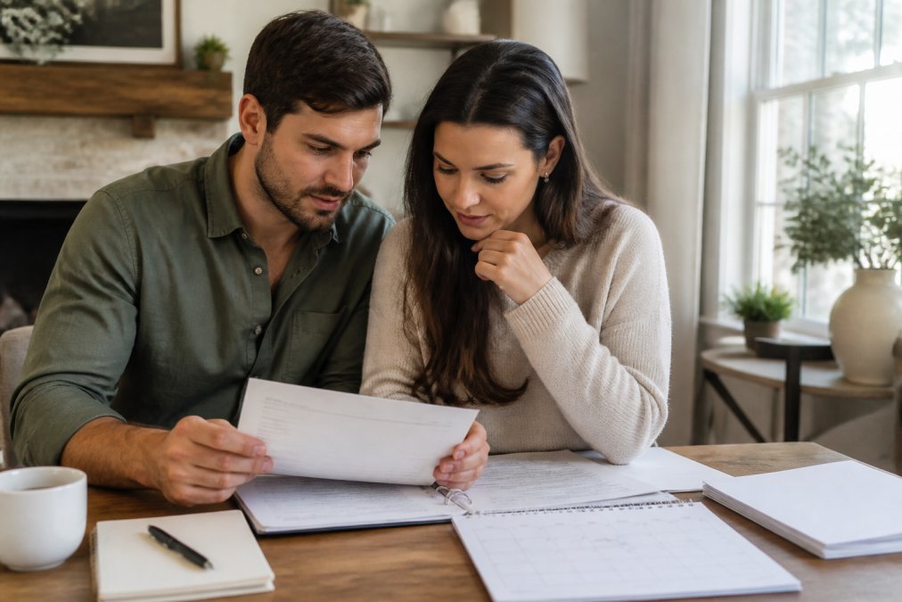 Couple reviewing venue contracts and wedding planning documents at a table with a calendar, notepad, pen, and coffee cup, discussing dates and booking details together in natural daylight from nearby window