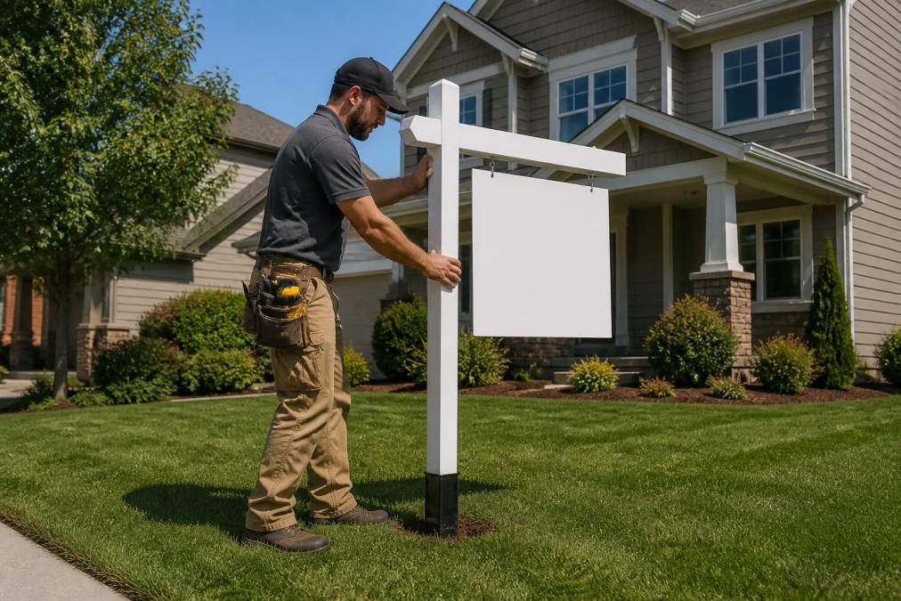 An installation crew member driving a post-mounted real estate yard sign into a residential lawn in front of a house listed for sale, on a clear day with green grass and a suburban home visible in the background