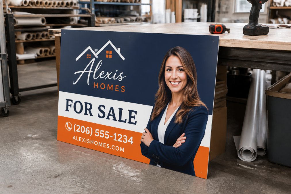 Close-up of a freshly fabricated custom real estate sign with bold colors, agent branding, and crisp visual graphics, propped against a workshop table in a sign fabrication facility with fabrication tools and materials visible in the background
