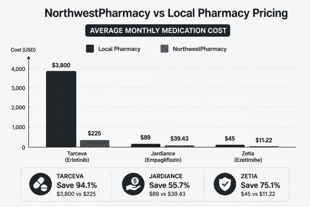 Bar chart comparing average monthly medication costs: Brand-name Tarceva at local pharmacy $3,800 vs NorthwestPharmacy generic Erlocip $225, Jardiance at local pharmacy $89 vs NorthwestPharmacy $39.43, Zetia at local pharmacy $45 vs NorthwestPharmacy $11.22