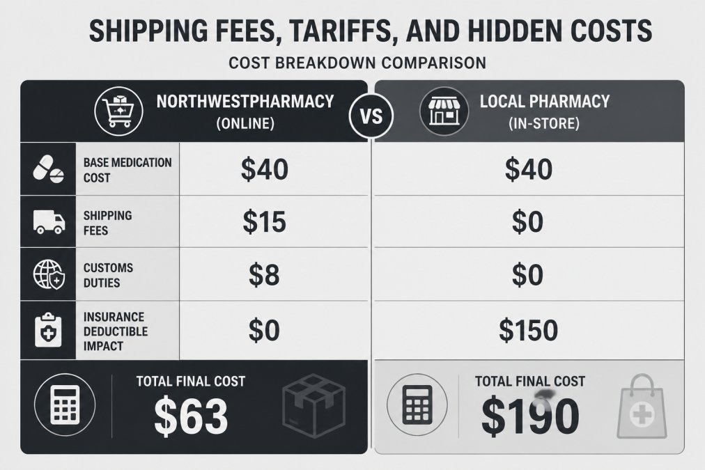 Cost breakdown matrix comparing NorthwestPharmacy vs local pharmacy: base medication cost $40, shipping fees online $15 vs local $0, customs duties online $8 vs local $0, insurance deductible impact online $0 vs local $150, total final cost online $63 vs local $190