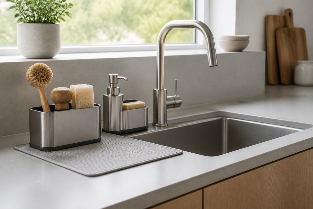 Clean, minimalist kitchen sink area with stainless steel organizers holding dry brushes and sponges neatly arranged, waterproof mats protecting the countertop, natural light from window illuminating Scandinavian-style kitchen with neutral gray counters