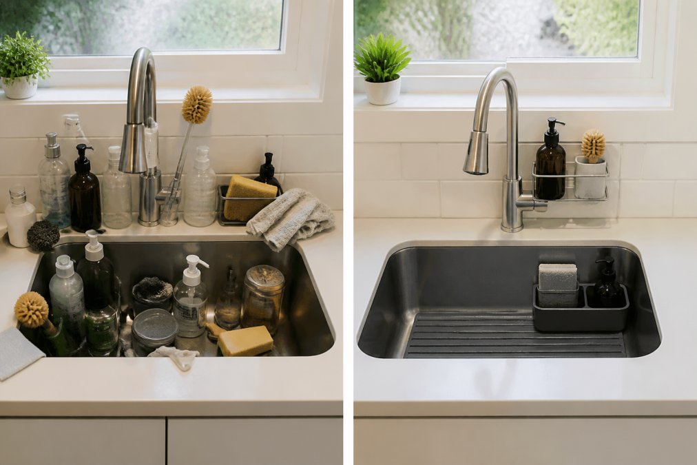 Before-and-after style scene: left side shows cluttered sink area with scattered bottles, brushes, and items creating visual chaos; right side shows the same sink transformed into clean, organized minimalist setup with waterproof mats, vertical storage, and only essential items visible