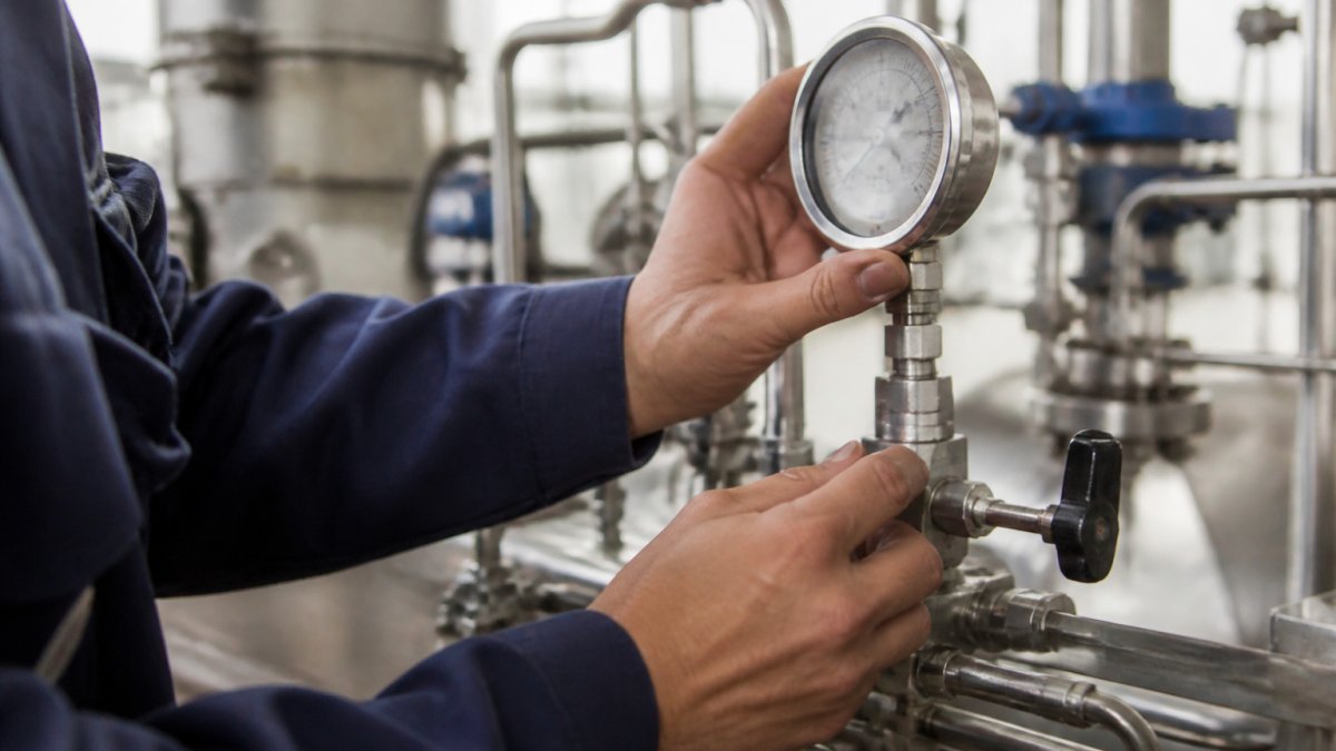 Technician's hands inspecting a pressure gauge dial and valve stem connection in an industrial plant setting, with stainless steel pressure lines and fittings visible in the background under bright overhead lighting