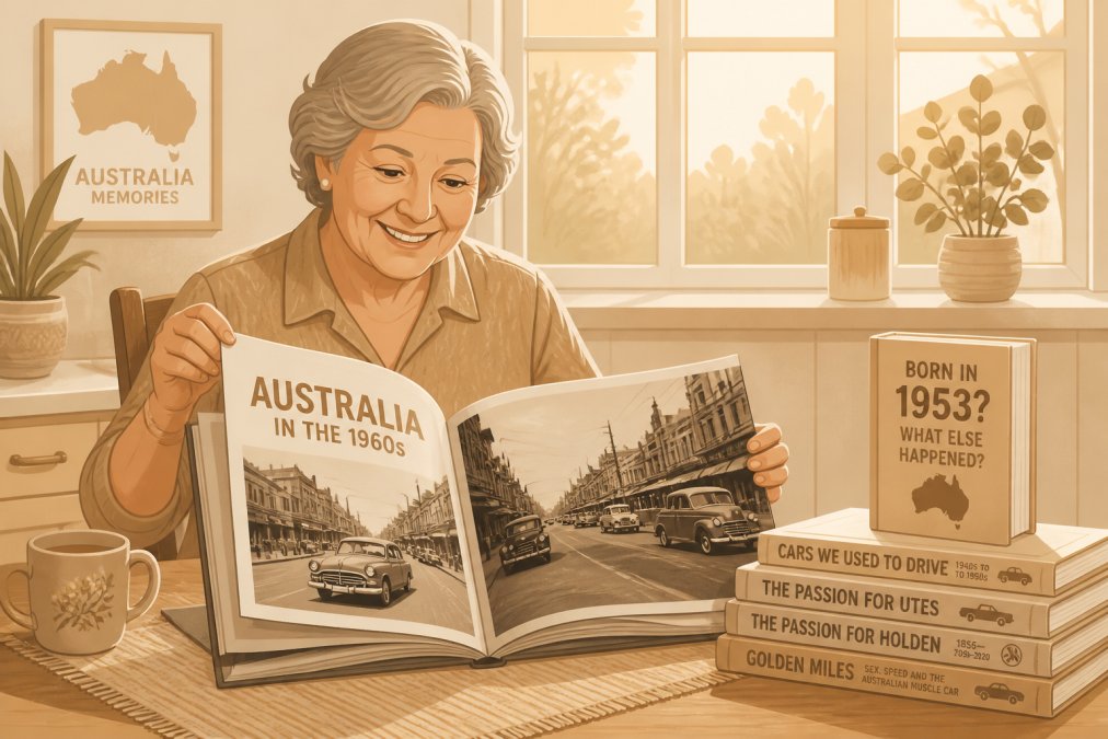 An older Australian woman sitting at a kitchen table, smiling warmly as she flips through a large-format photo book showing vintage Australian street scenes from the 1960s, warm afternoon light coming through a window behind her