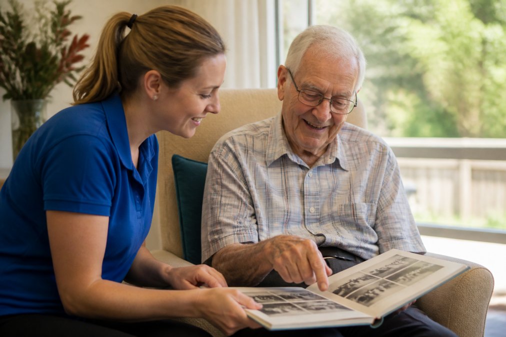 A carer sitting beside an elderly man in a bright, comfortable aged care common room, both looking together at a book with old Australian photographs, the man pointing at a page with a smile, warm natural light filling the room