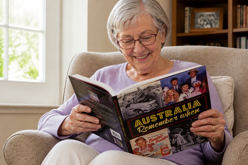 Older adult sitting comfortably with a nostalgia photo book open on their lap, smiling as they look at vintage photographs, warm natural lighting from a nearby window