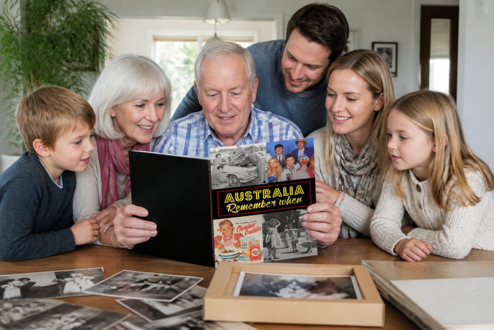 Family members of different generations gathered around a table, examining vintage photographs and memorabilia from a decade-specific nostalgia book together, warm and engaged atmosphere