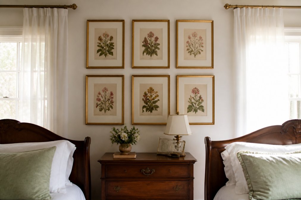 Bedroom featuring a symmetrical arrangement of framed vintage botanical prints in warm gold frames above a wooden nightstand, with soft natural light streaming through sheer curtains