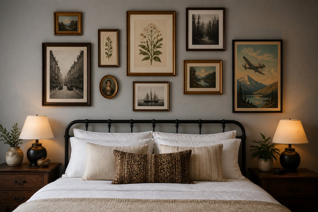 Bedroom with a carefully curated gallery wall above the bed featuring mixed vintage frames in gold and wood tones, including botanical prints, a vintage travel poster, and black and white photography, arranged with intentional spacing on soft gray walls with warm bedside lighting