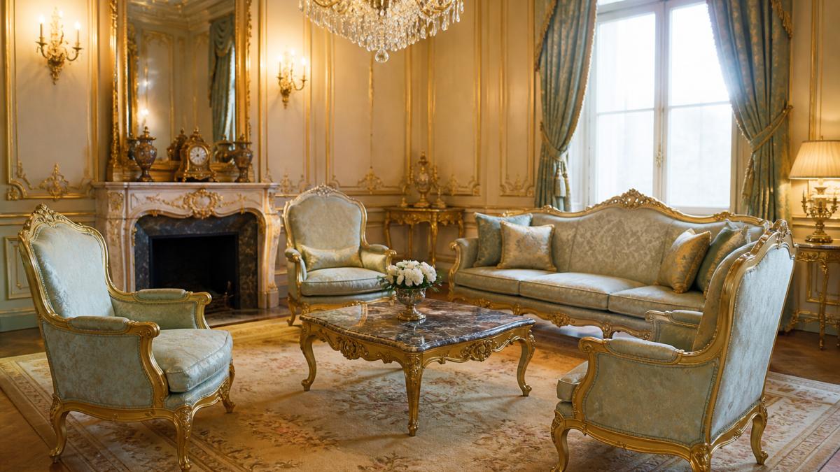 Elegantes Wohnzimmer mit authentischen Louis-XV-Sesseln in Seidenpolsterung, geschwungenen Beinen mit vergoldeten Details und klassischer Deckenleuchter in warmer Beleuchtung