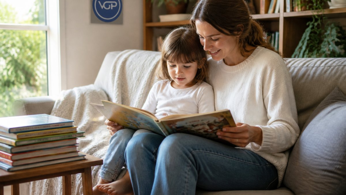 A parent and young child reading an illustrated picture book together on a cozy couch in a sunlit living room, books stacked on a side table