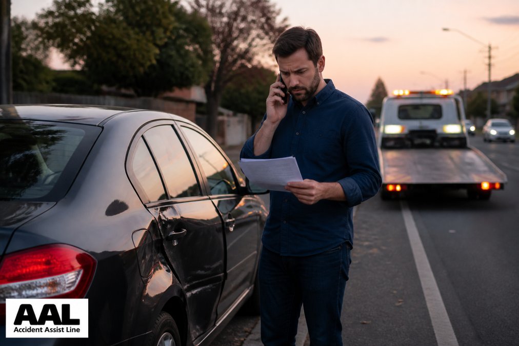 A driver with insurance papers at a crash site while the not at fault accident claim timeline explained unfolds.