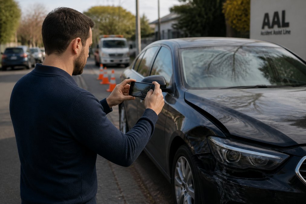 Driver photographing car damage on a Melbourne street to support a fault claim after an accident.