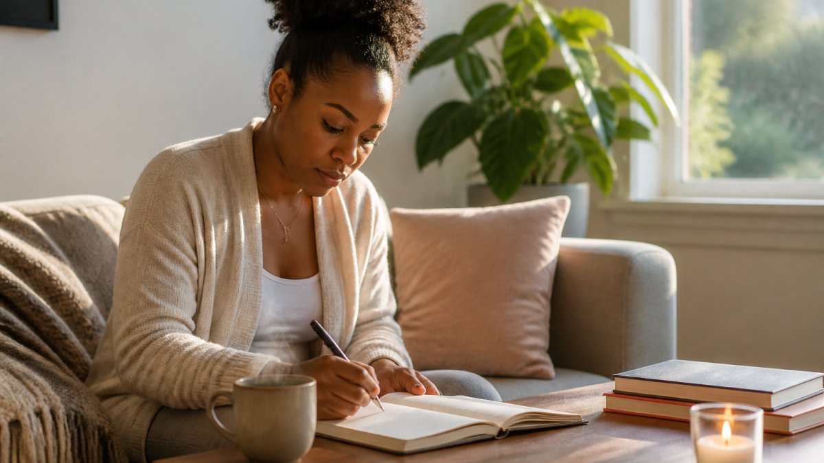 Woman sitting on a couch writing in a journal with a cup of tea in a sunlit room