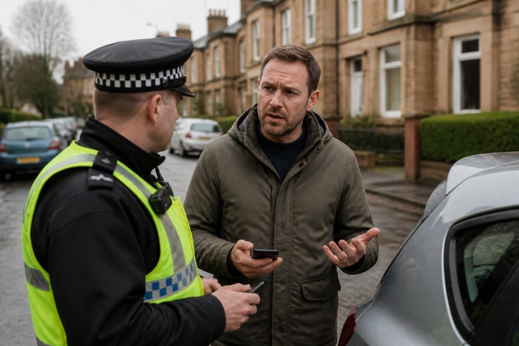 A concerned driver in Glasgow speaking with a police officer beside a car on a residential street, holding a mobile phone, with overcast Scottish daylight