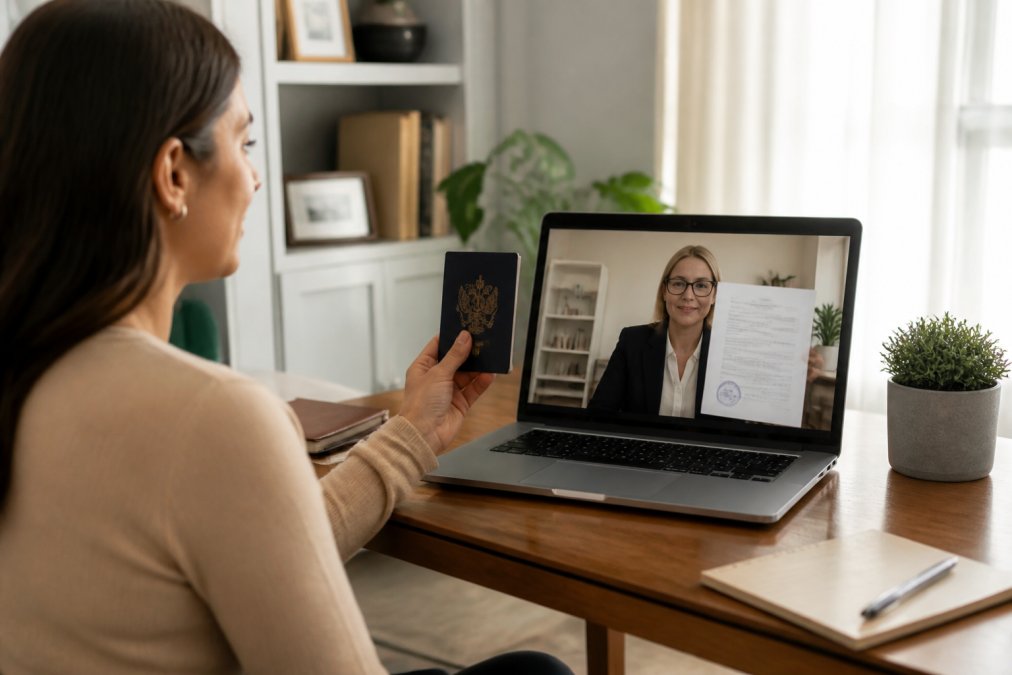 Person holding a passport to a laptop webcam during a remote notary video call