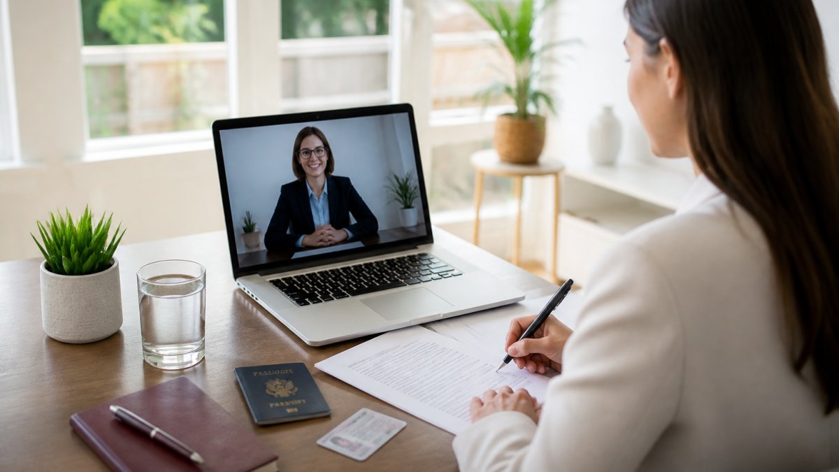 Professional attending a remote notary public London in Ontario video call via laptop in a bright home office