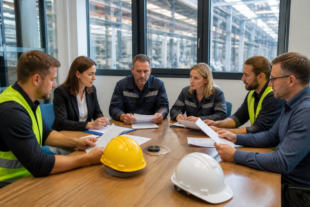 Notfallteam bespricht den Notfallplan für Produktionsbetriebe in einem modernen Konferenzraum anhand von Checklisten.