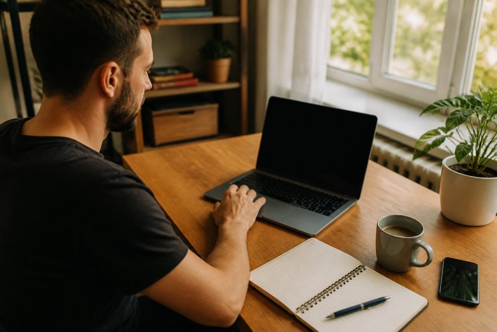 A freelancer working at a clean wooden desk with a laptop displaying a project management dashboard, surrounded by a notebook and a cup of coffee in warm natural light