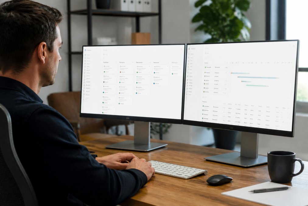 Professional sitting at desk with dual monitors displaying a Notion workspace with project boards, timeline views, and task management databases visible on screen, natural office lighting