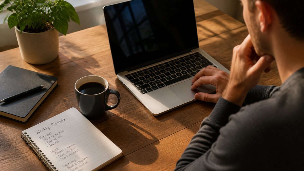 Person at a wooden desk reviewing a color-coded goals dashboard on a laptop with coffee and a handwritten notebook.