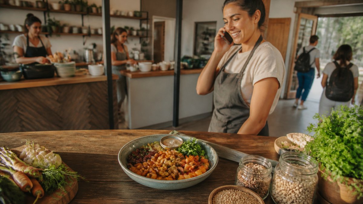 A beautifully plated vegan meal with colorful roasted vegetables, creamy legumes, whole grains, and fresh herbs arranged on a wooden table in warm natural light