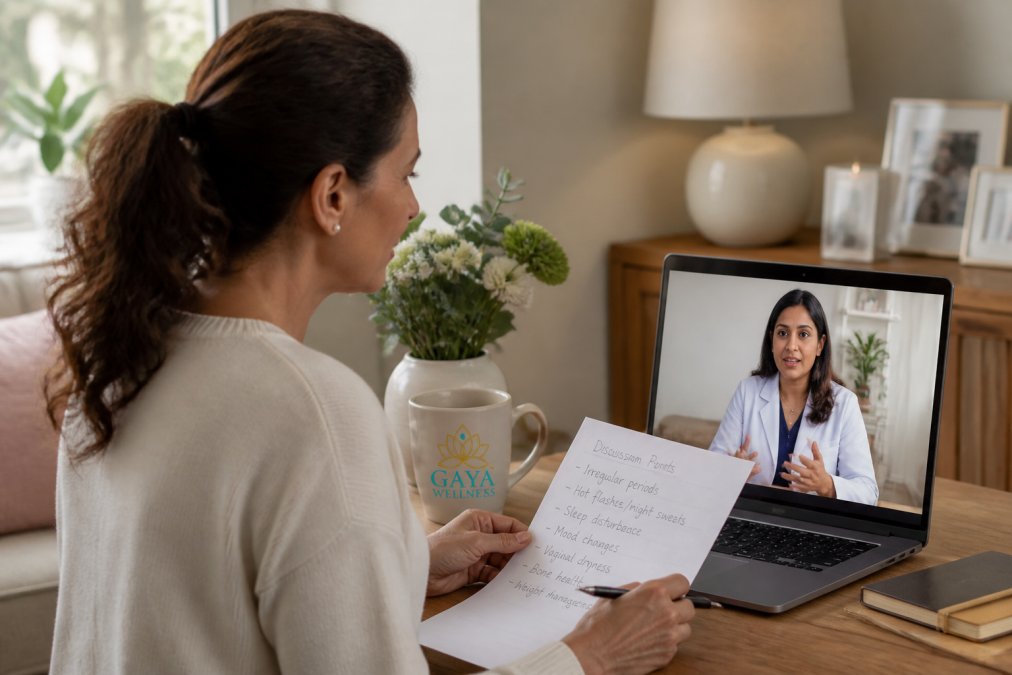 Woman in comfortable home setting on a video call with a healthcare provider on her laptop, holding notes about her health concerns and symptoms written on paper