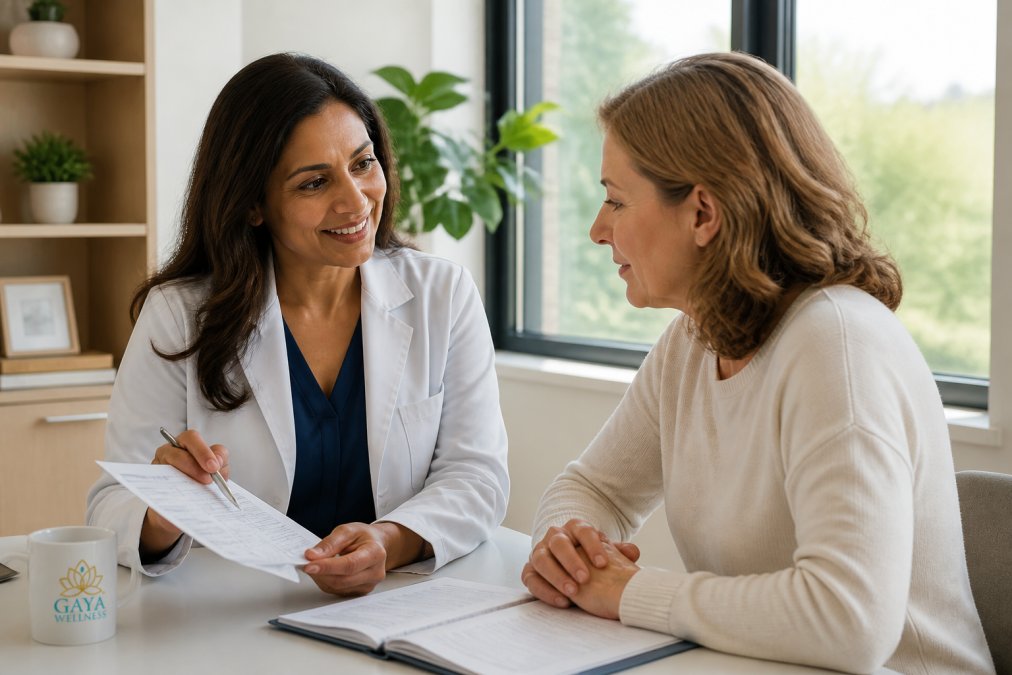 Board-certified female OB-GYN in white coat reviewing lab results and personalized health plan with a middle-aged female patient in a bright, modern clinic office with natural light from windows