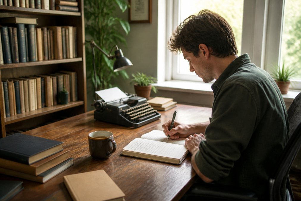 Indie author sitting at wooden desk in home office, laptop open displaying a manuscript dashboard with chapter progress bars and character profile cards visible on screen, natural window light illuminating the workspace
