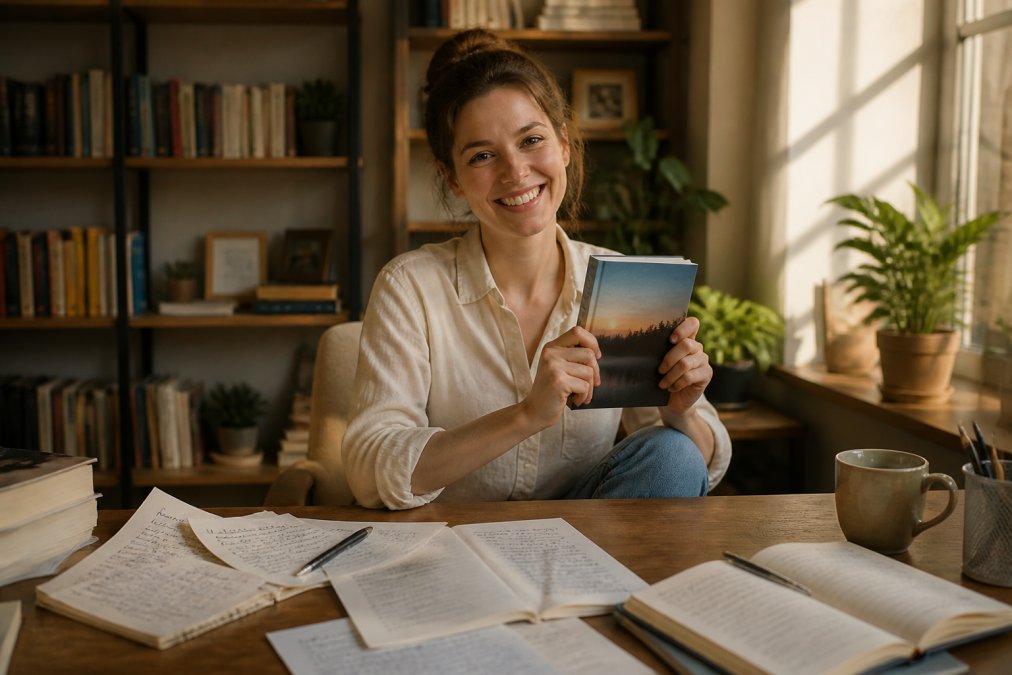 Smiling indie author in home office holding their published paperback book, surrounded by writing notes and coffee cup on desk, warm natural light from window, genuine expression of accomplishment
