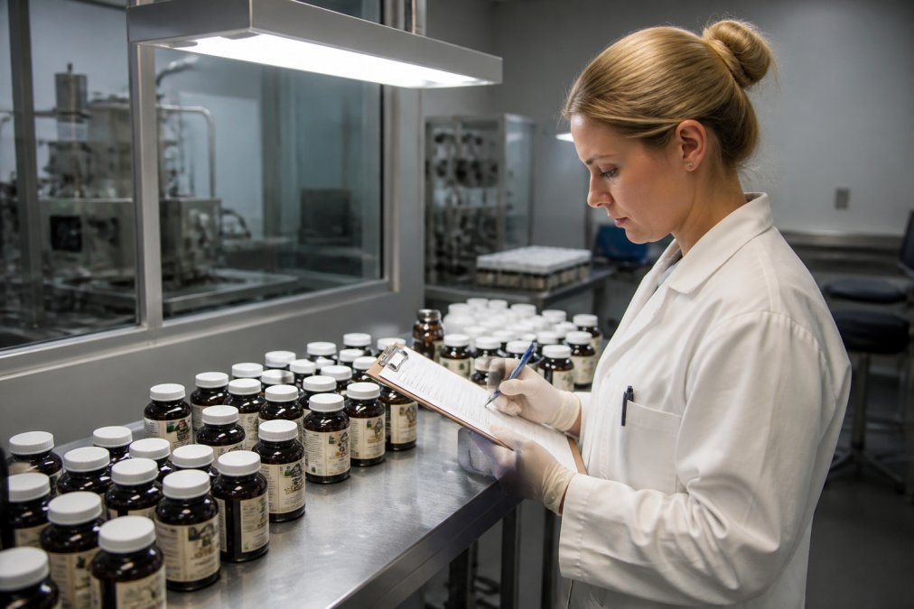 Laboratory technician in white coat examining supplement bottles under bright overhead lighting while recording quality control data on a clipboard in a modern pharmaceutical testing facility