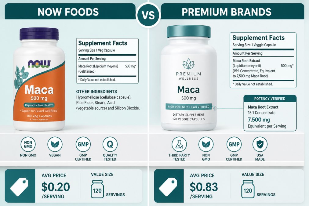 Supplement bottles displayed side-by-side on a white shelf showing ingredient labels and certification marks in natural daylight, with close-up detail of potency verification text on premium brand label