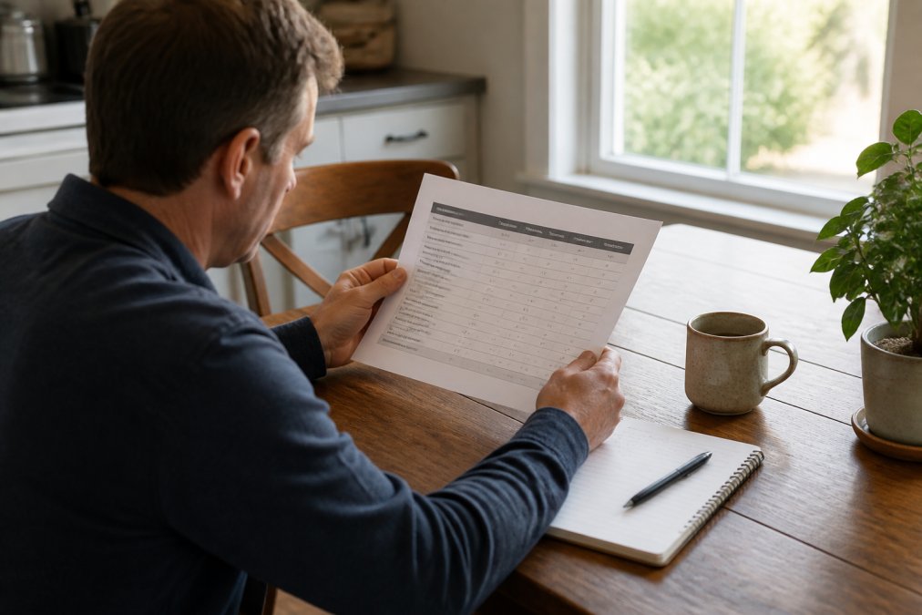 Homeowner reviewing a printed service comparison on a tablet at a kitchen table, notepad and coffee cup nearby, morning light through window