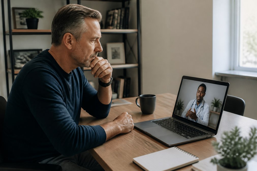 A middle-aged man sitting at a home desk with a laptop, reviewing a telehealth consultation on screen, looking focused and comfortable in a bright home office