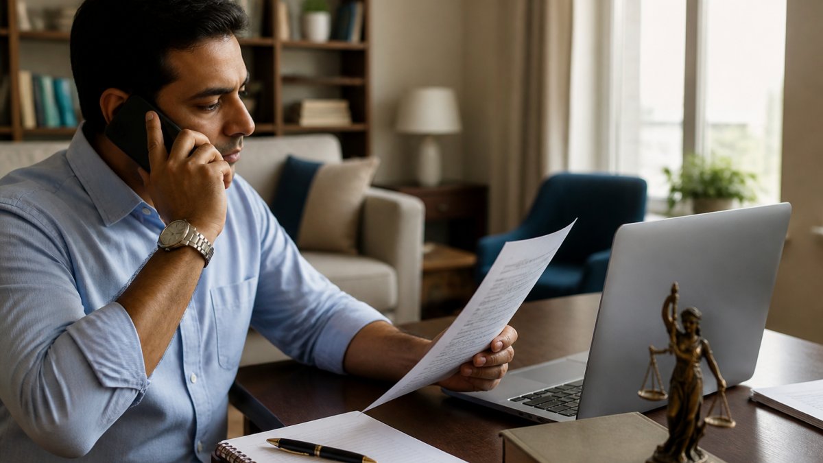 A person sitting at a desk abroad, reviewing legal documents and speaking on the phone, with a laptop showing a video call and a notepad nearby, conveying remote legal coordination