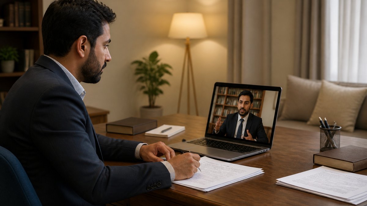 Professional NRI at desk with laptop during video conference call with Indian lawyer, documents and legal papers visible, modern office lighting