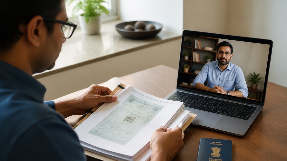 A person at a desk abroad reviewing a folder of Indian property papers beside a passport and a laptop showing a video call with an adviser in India