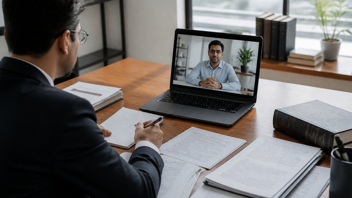 Professional working at desk with laptop showing video call window on screen, documents spread across workspace, natural office lighting from window