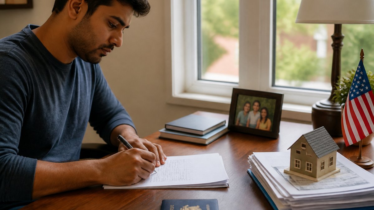 An NRI professional in the United States sitting at a home desk with a laptop, passport, and a stack of property papers, signing a document while a video call shows a family member in India