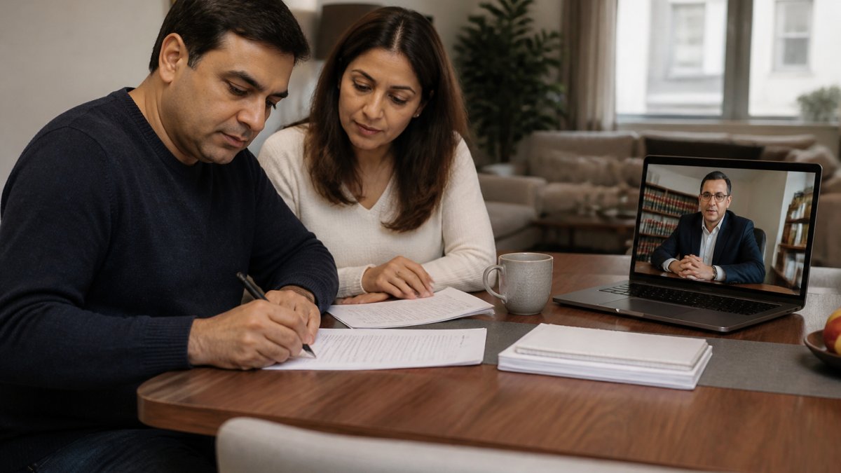 Infographic showing the process of an NRI couple signing a Will for Indian property via video consultation