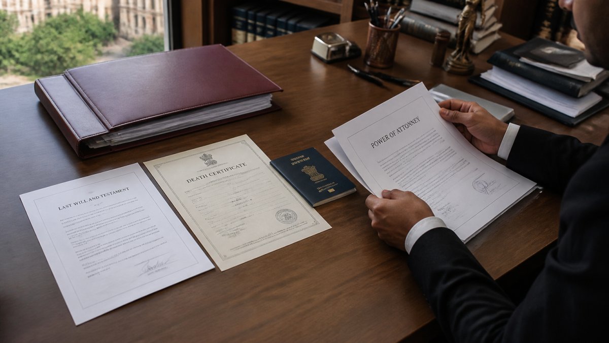 A legal professional reviewing a will and death certificate for the probate process in a Kolkata office.