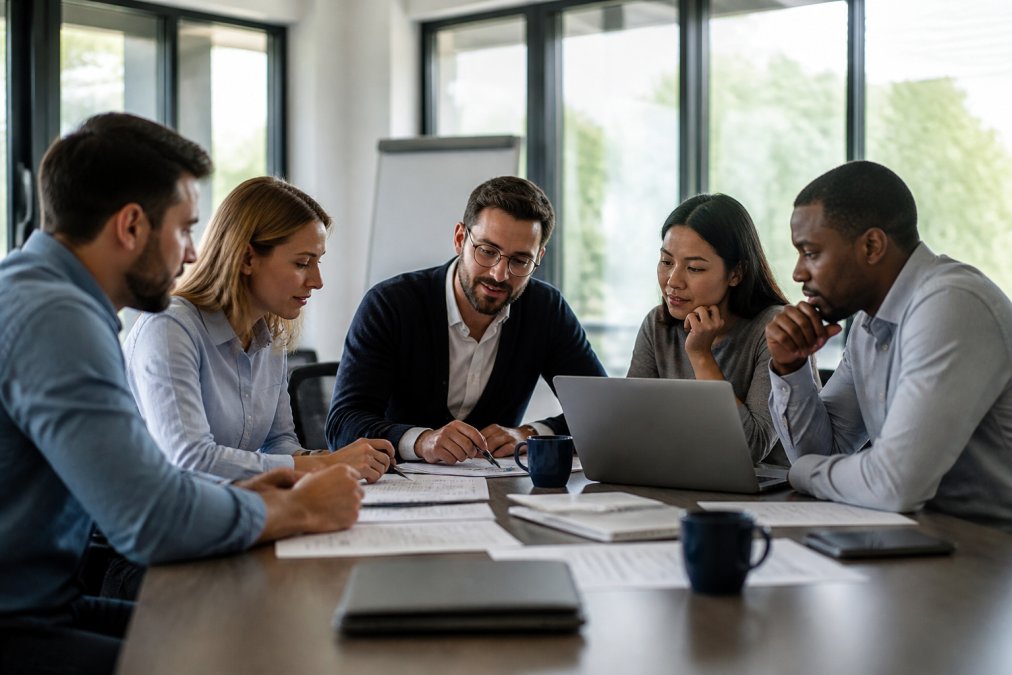 Business team gathered around a conference table reviewing IT infrastructure plans and security documentation on laptops, natural office lighting streaming through windows