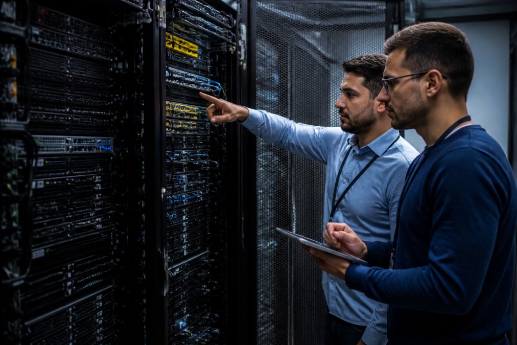IT professionals monitoring multiple screens displaying network activity and system status dashboards during a live migration, dim lighting with blue screen glow