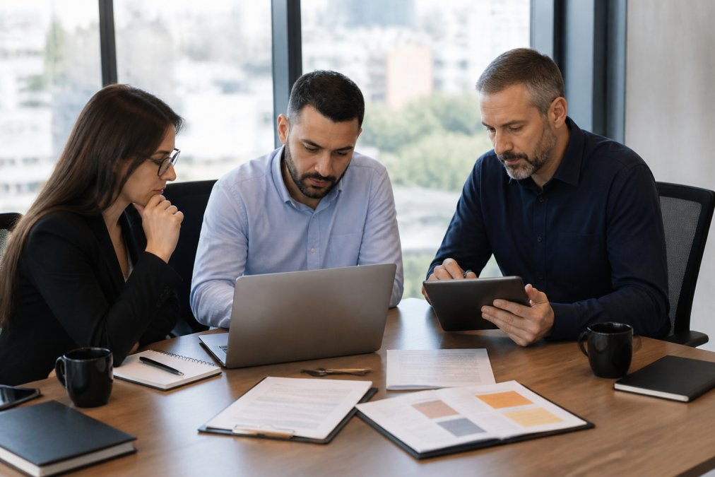 Professional IT team reviewing managed services documentation and infrastructure diagrams on laptop and tablet in modern office conference room with natural lighting